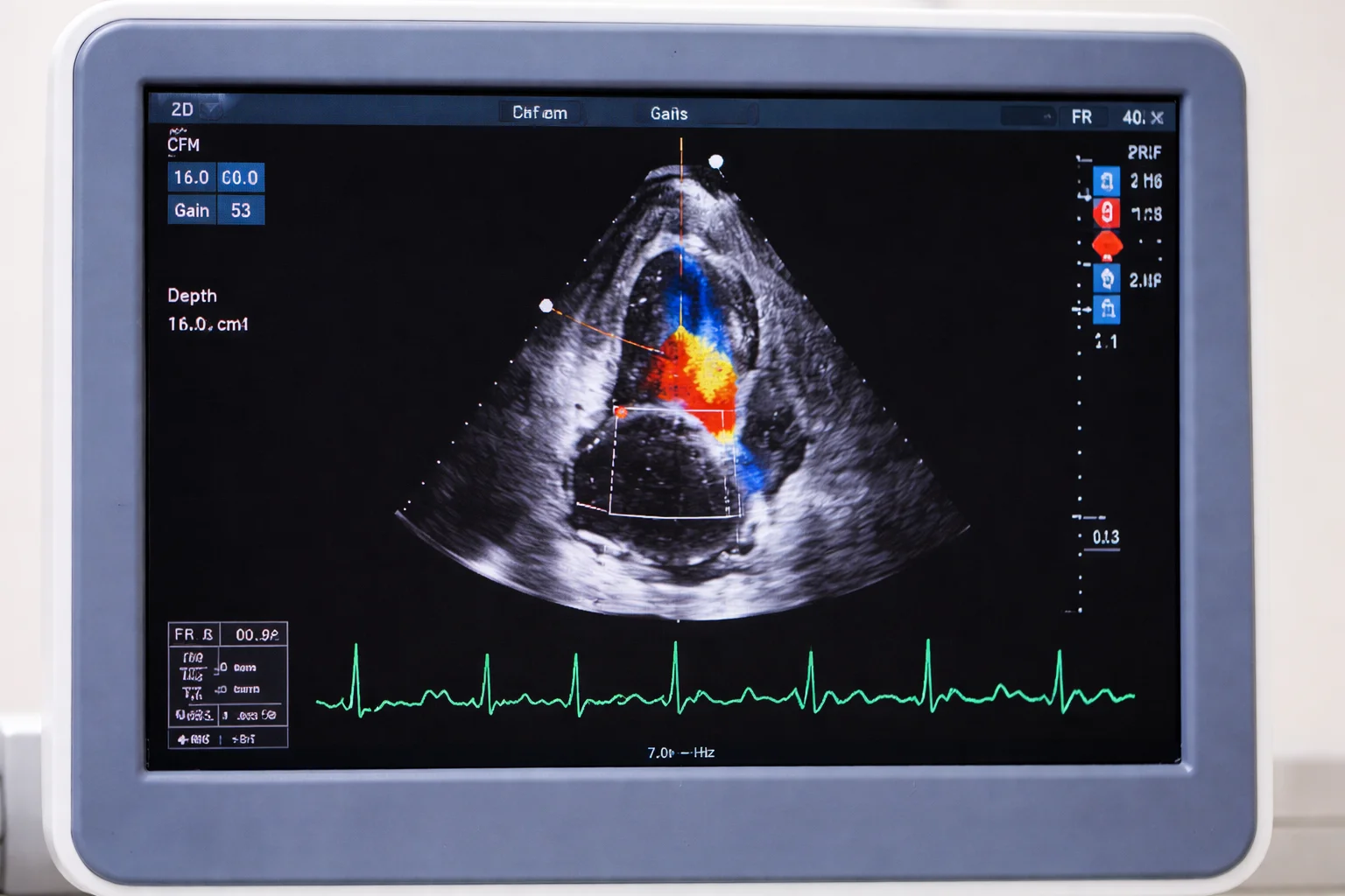 2D echocardiogram colour Doppler ultrasound showing heart valves and blood flow