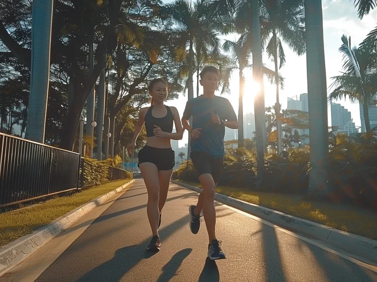 30-year-old Singaporean man and woman jogging in a tropical park with sunlight shining through the trees and the modern Singapore skyline in the background, promoting a healthy lifestyle for blood pressure management.