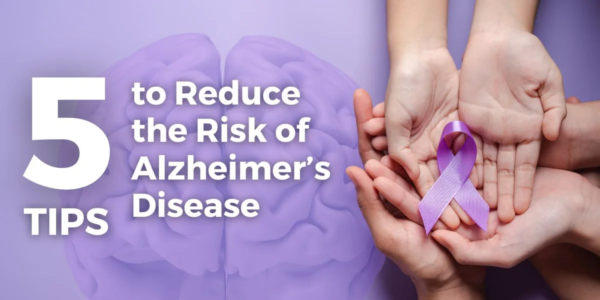 5 tips to reduce the risk of Alzheimer's disease purple ribbon in hands symbolizing awareness and support against Alzheimer's.