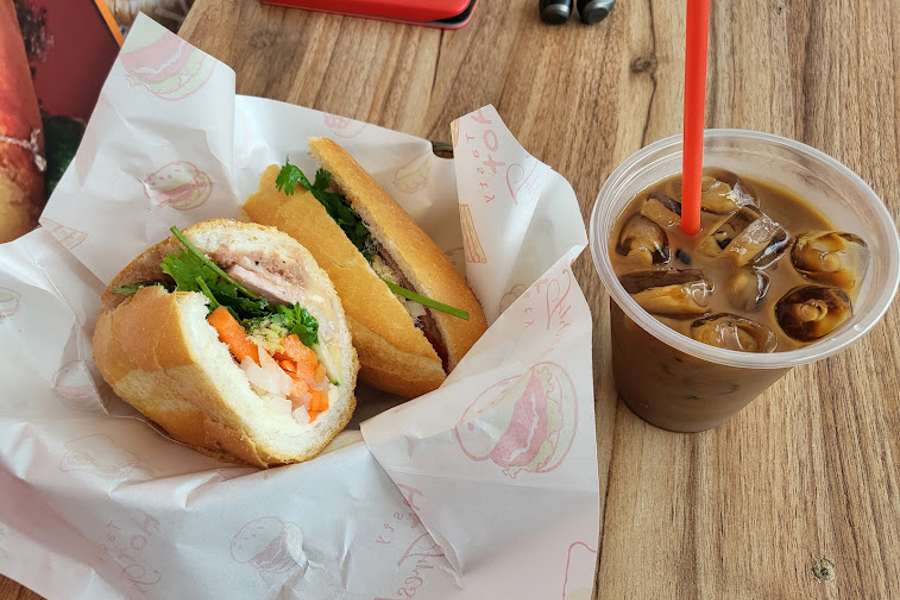 Bami Express's signature Banh Mi with ice coffee