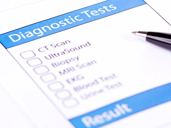 Checklist with CT scan, MRI, ultrasound, and blood tests for comprehensive health screening.
