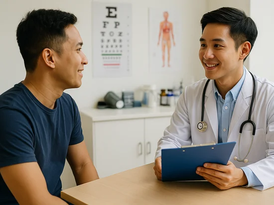 Male patient consulting doctor about suitable health screening package options for his health needs.