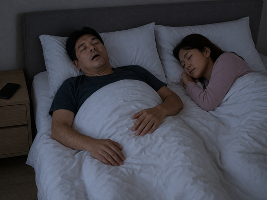 Man with sleep apnoea with mouth open and snoring beside his partner in bed.