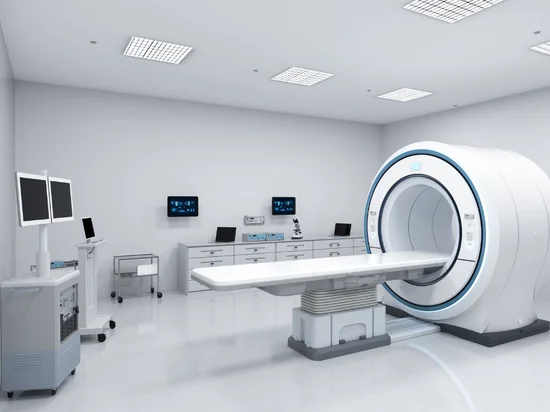 Modern MRI machine in clinical setting prepared for soft tissue or brain imaging.