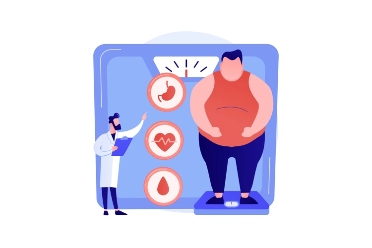 Cartoon illustration of overweight and diabetic patient with doctor advising him on his health risks.