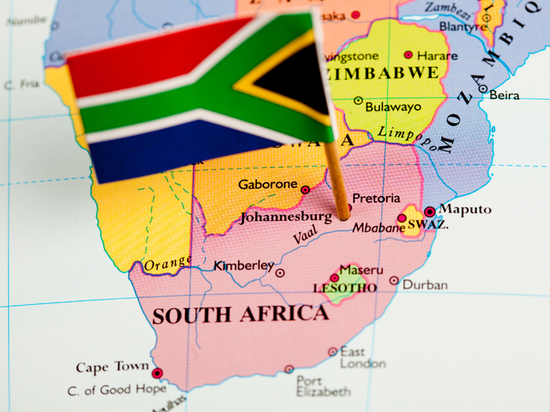South Africa map with national flag marking travel planning.