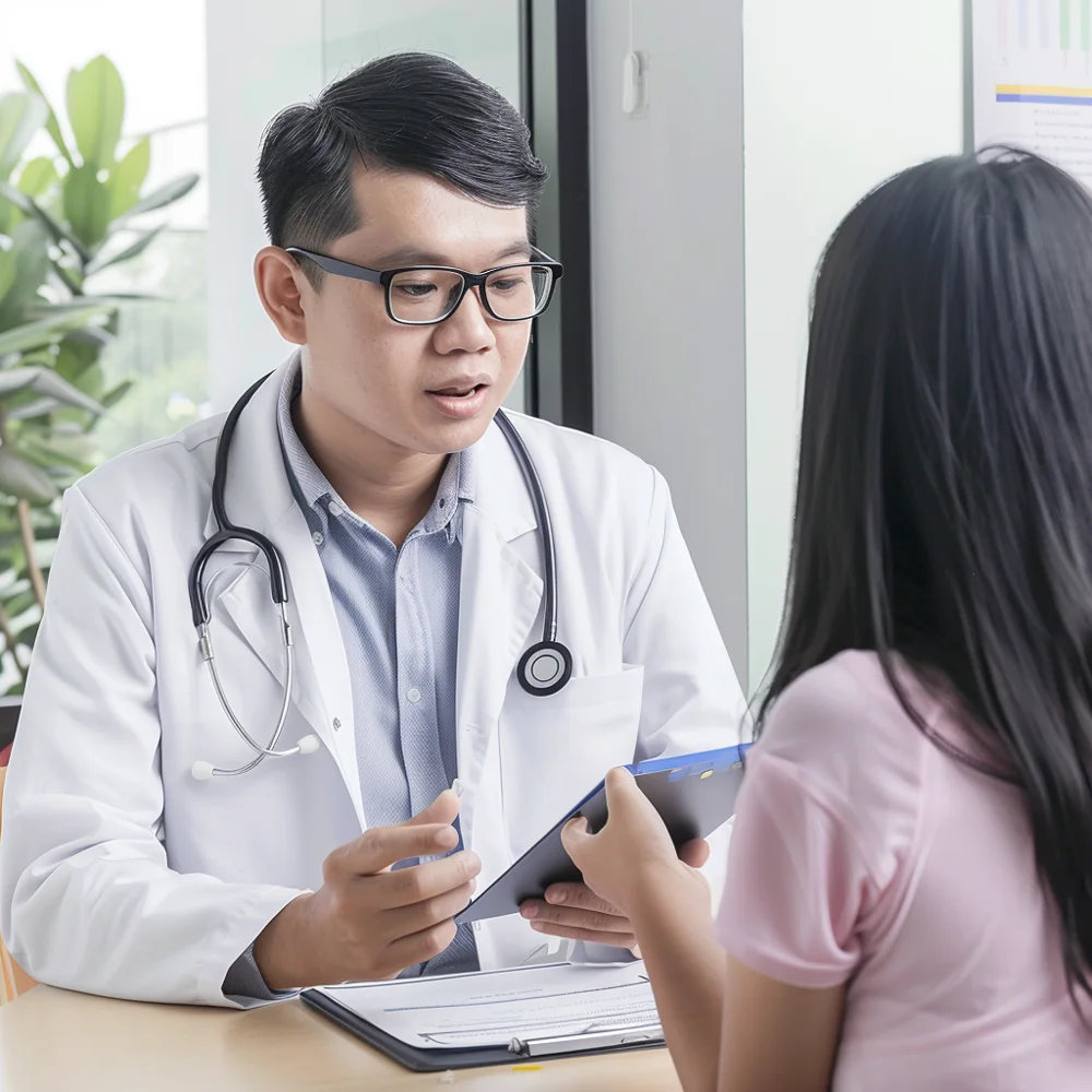 Asian doctor explaining urine FEME results as part of routine health monitoring.