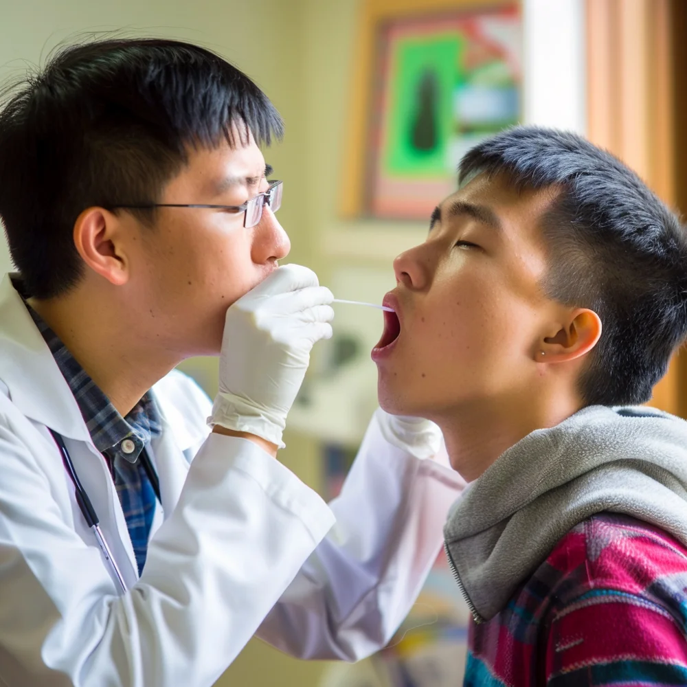 Asian doctor performing throat swab test on asian man to test for STIs.