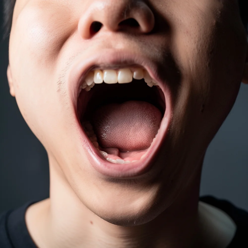 Asian man opening mouth for doctor to check for STIs.