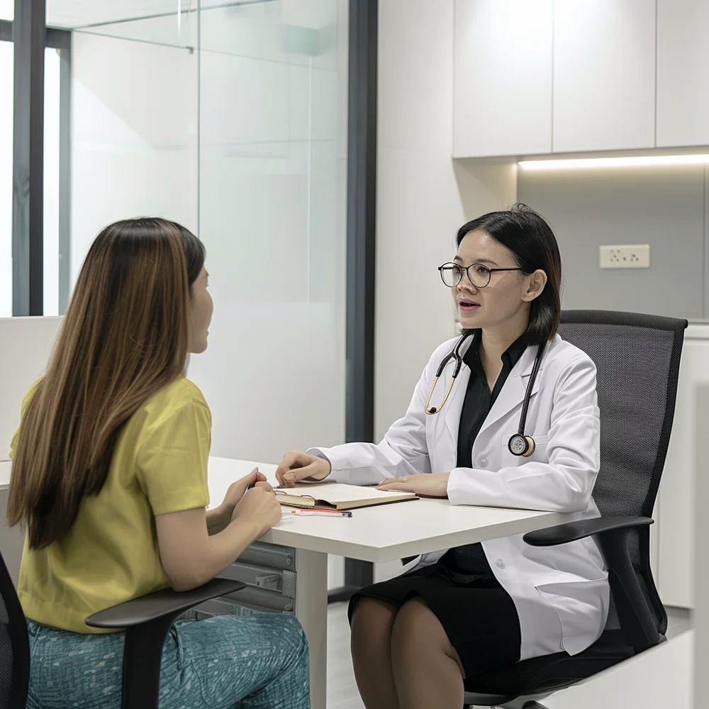 Asian occupational doctor performing a fitness-for-work evaluation for a young female employee before returning to work.