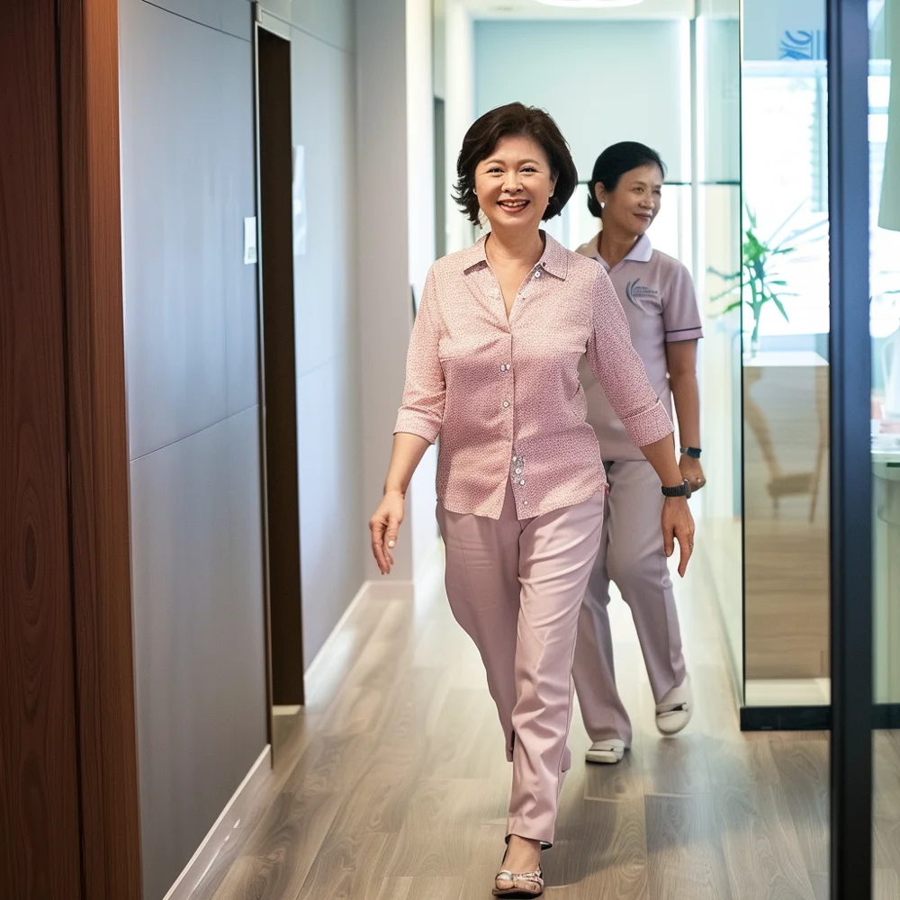 Asian woman aged 50 years walking cheerfully into a clinic for her mammogram.