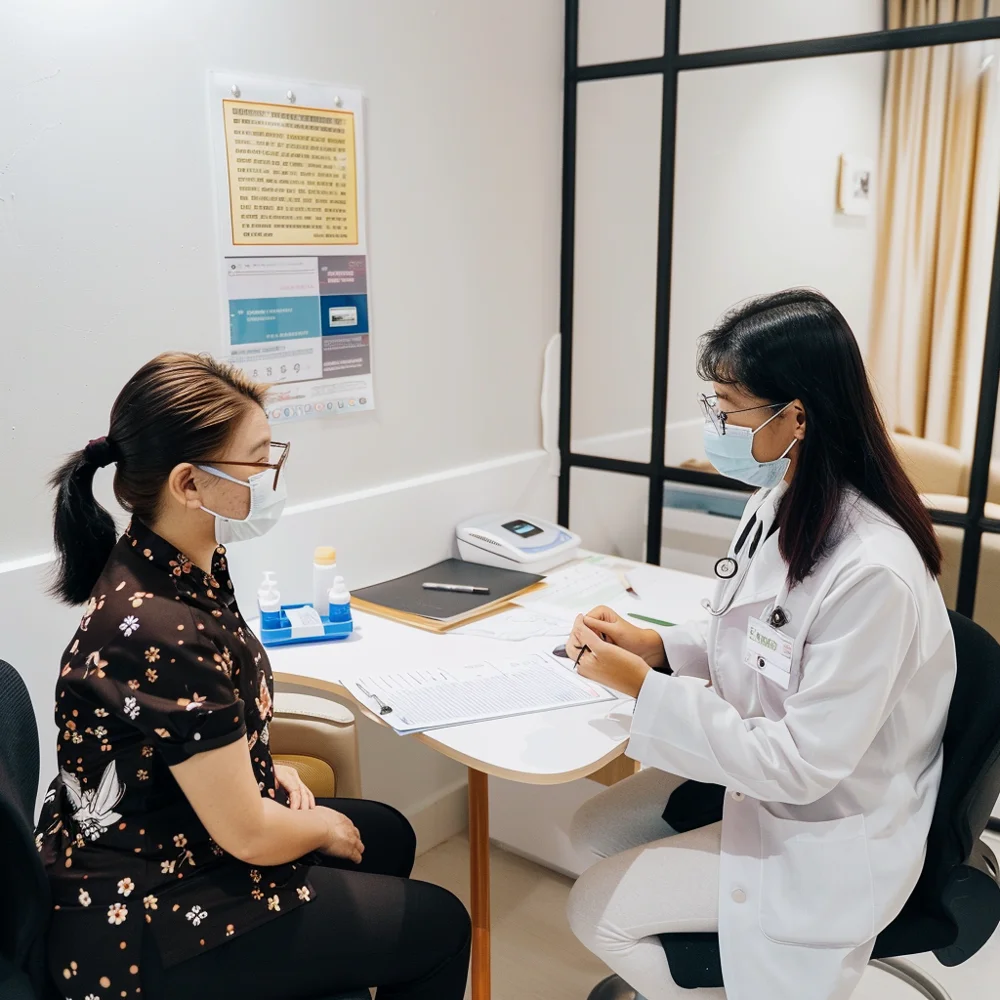 Asian woman consulting doctor for STD testing.