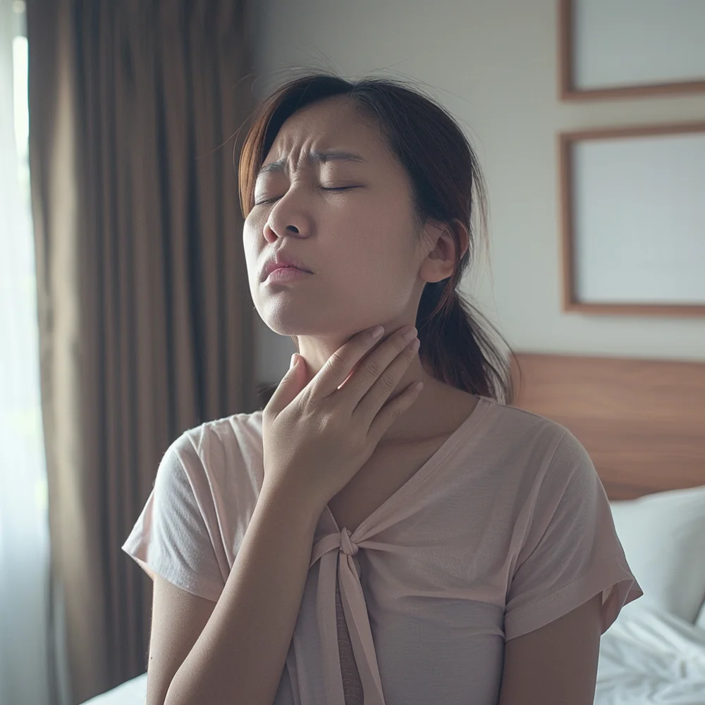 Asian woman experiencing sore throat as a symptom of oral STI.