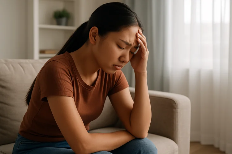 Young Asian woman holding head in distress representing emotional and hormonal effects of PCOS.