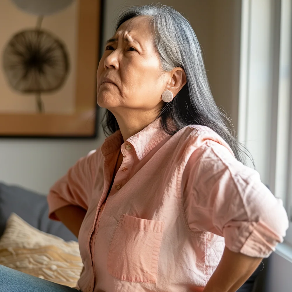 Asian woman over 50 experiencing back pain due to osteoporosis.