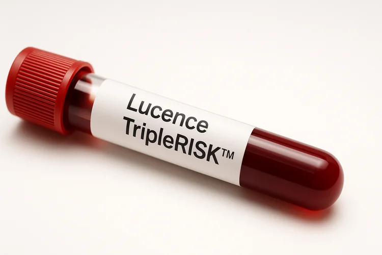 Blood sample labelled Lucence TripleRisk used to assess heart, stroke, and leukaemia risk.