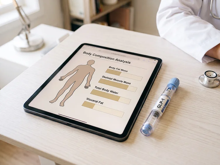 Tablet showing a body composition analysis beside a GLP-1 injection pen on a clinic desk.