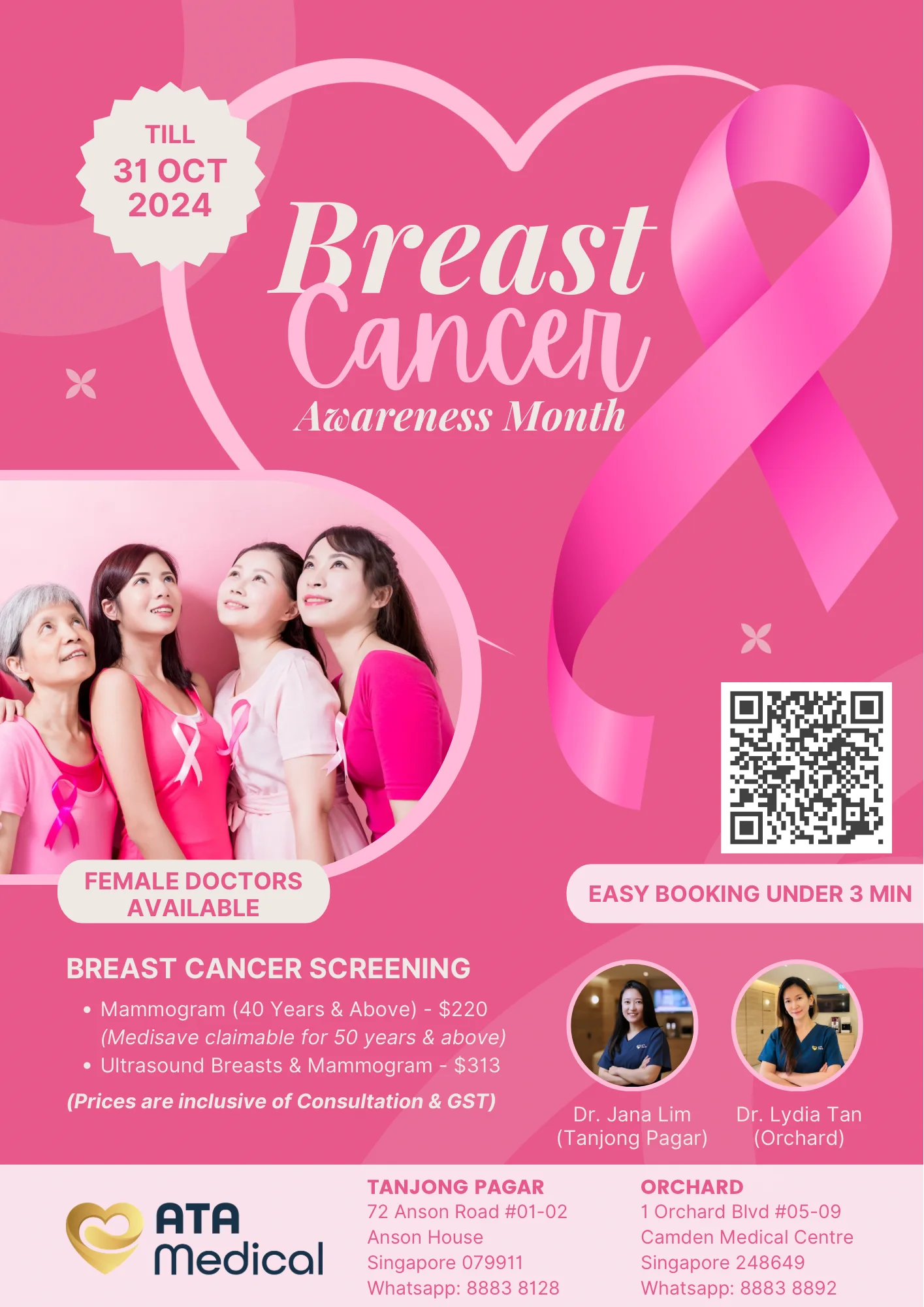 ATA Medical offers comprehensive breast cancer screening for breast cancer awareness month till 31 Oct 2024.