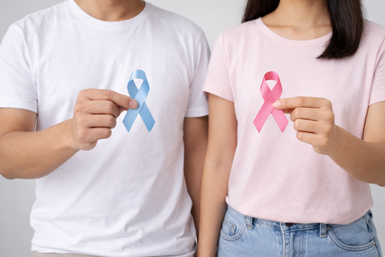 Man and woman holding blue and pink cancer awareness ribbons.