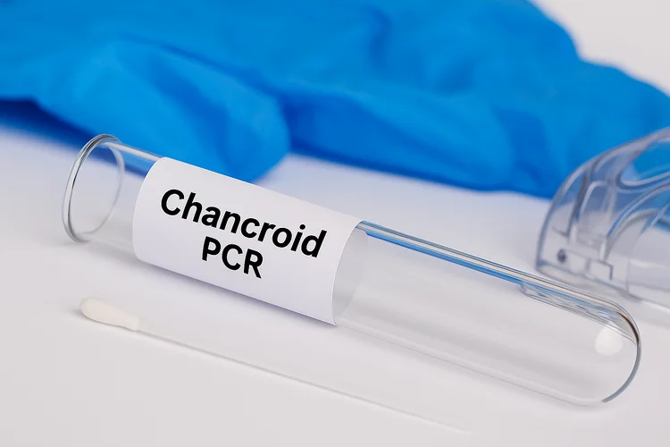 Test tube labeled Chancroid PCR on clinic table used for swab testing and STI diagnosis.