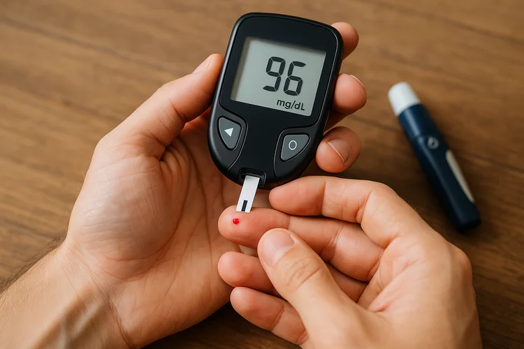 Person using glucose monitor for type 2 diabetes management with Liraglutide.