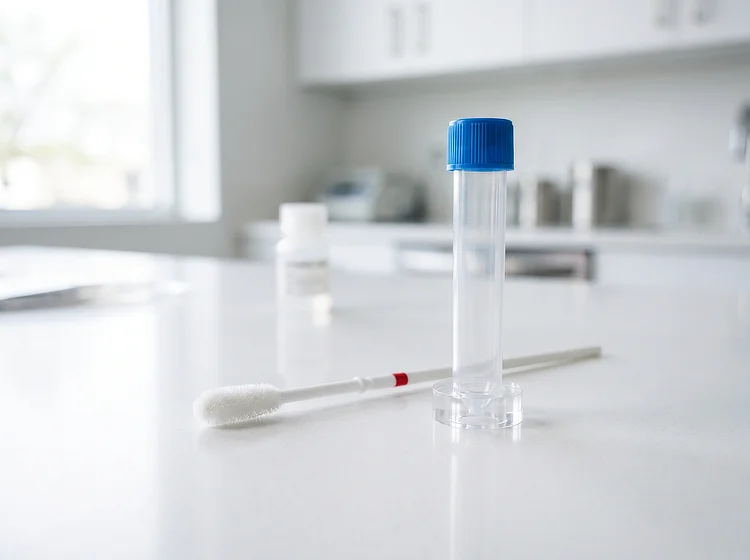 Cheek swab and blue-capped DNA collection tube on a white kitchen counter.