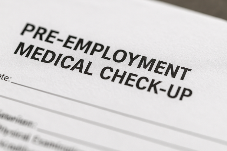 Close-up of a pre-employment medical check-up form used to assess a person’s fitness for work.