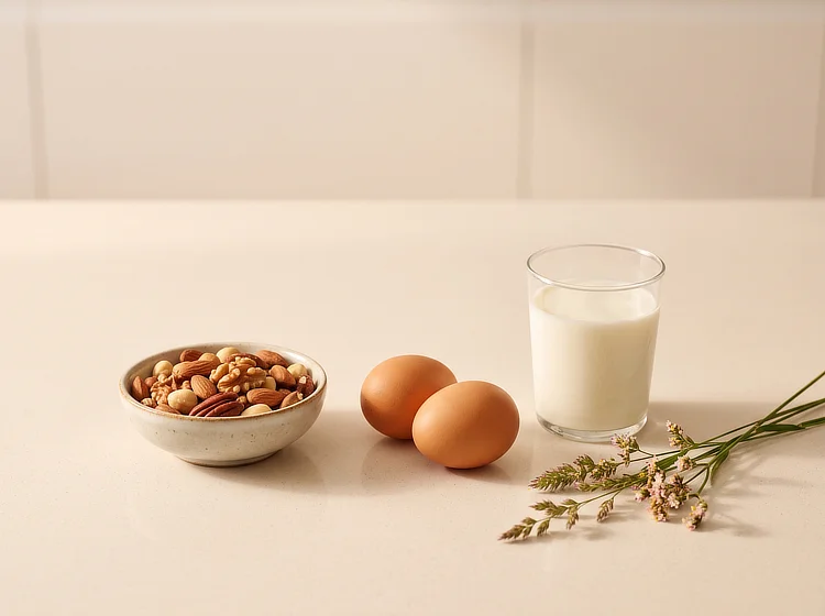 Common allergy triggers: a bowl of mixed nuts, two eggs, a glass of milk and a sprig of grass.