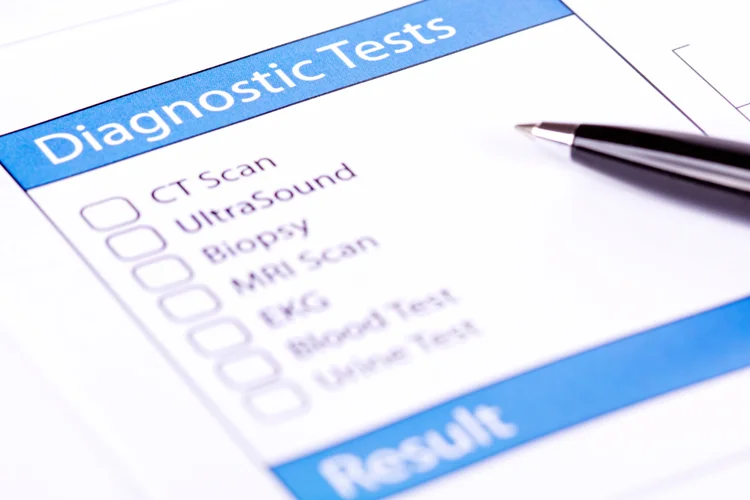 Checklist with CT scan, MRI, ultrasound, and blood tests for comprehensive health screening.
