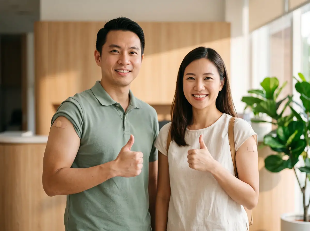 Smiling couple give a thumbs up in a clinic, each with a round plaster on an arm