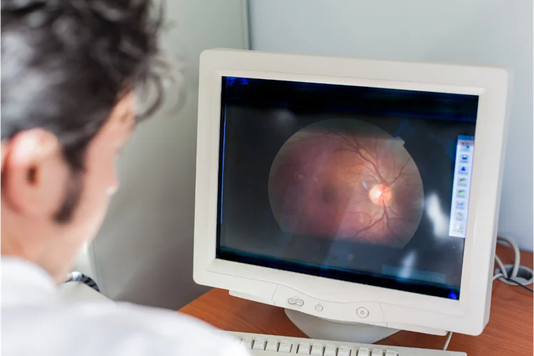 Detailed imaging of the retina captured through diabetic retinal photography to detect early signs of diabetic retinopathy.