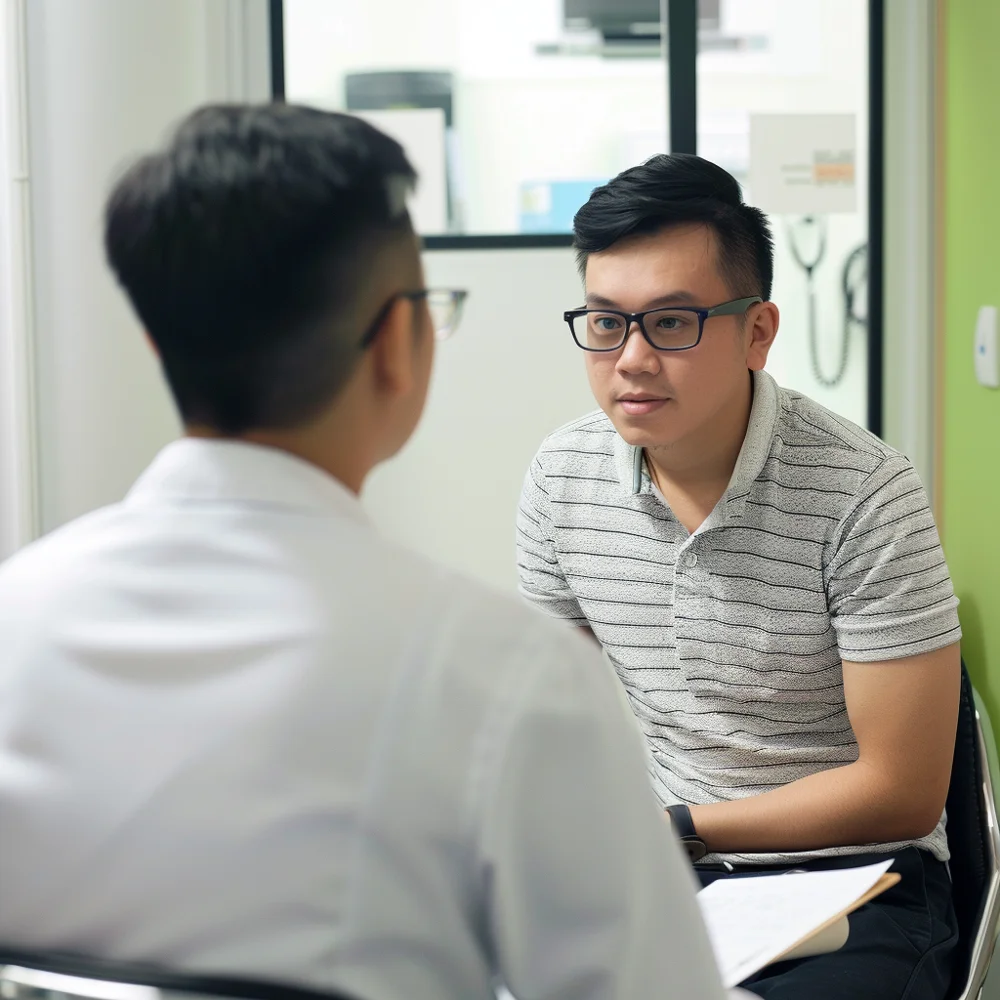 Doctor conducting post-test counselling with young asian man after STD test.