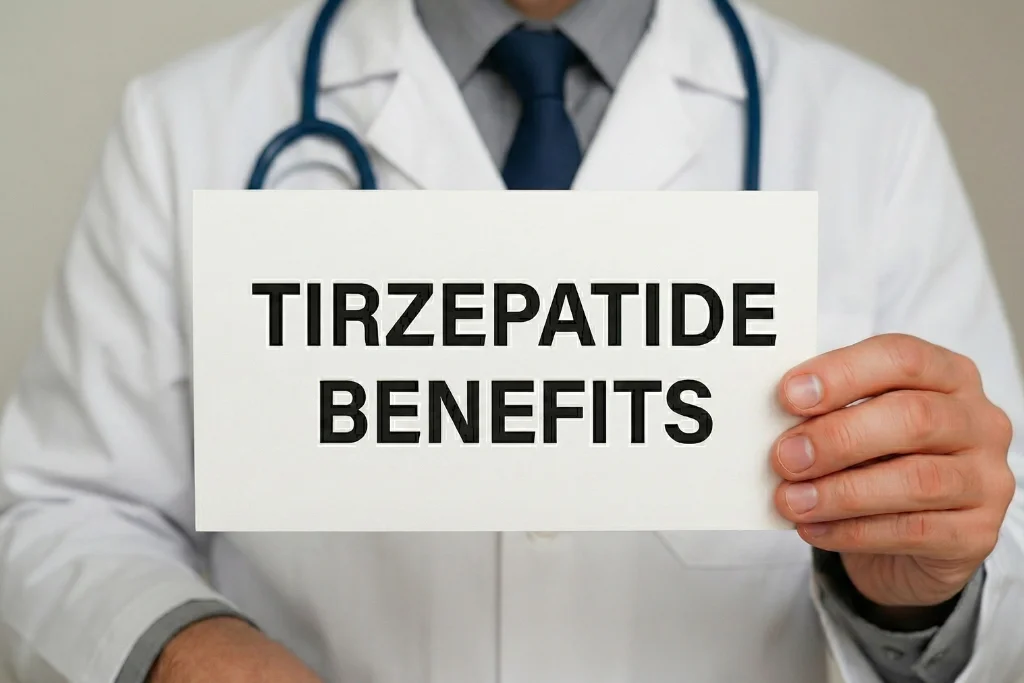 Doctor holding sign about tirzepatide benefits for metabolic health and weekly dosing support.