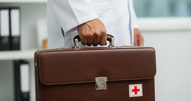 Doctor arriving for home health screening in Singapore, carrying a medical bag with a red cross.