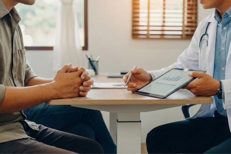 Doctor reviewing patient information on a tablet during a sildenafil (Viagra) consultation.