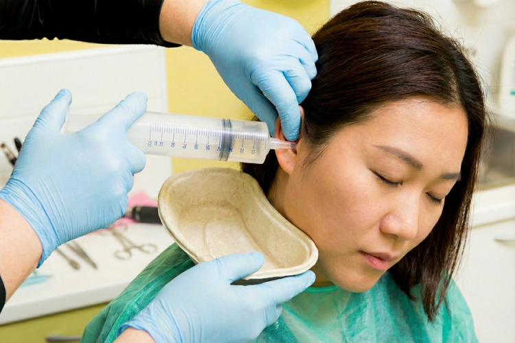 Doctor performing ear irrigation on a female patient to remove ear wax using a syringe and basin.