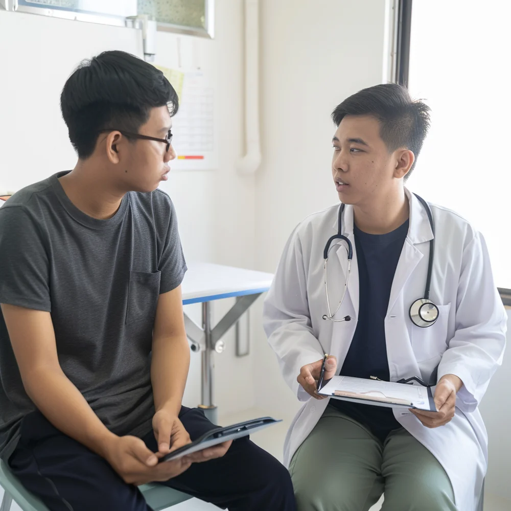 Doctor reviewing test results of a basic health screening with a young man in singapore.