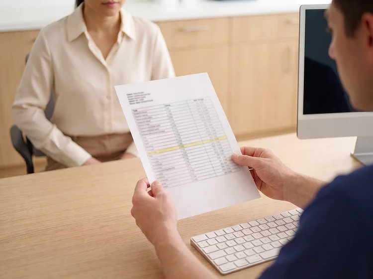 Doctor in navy scrubs reviewing blood test results with a patient across a desk.