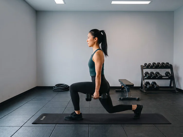 Woman performing a dumbbell lunge as strength training for weight loss.
