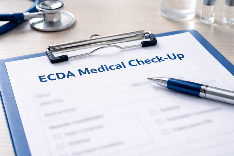 ECDA medical check-up form on clipboard used for preschool staff screening.
