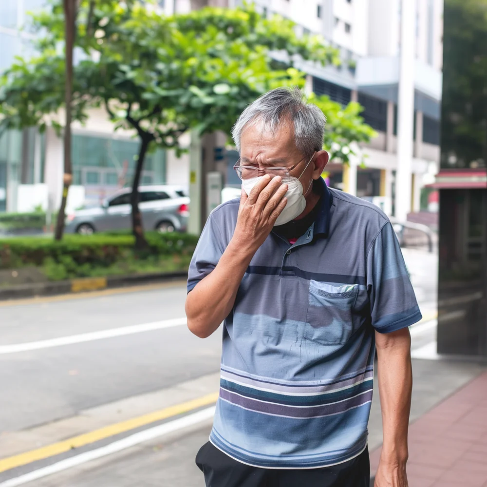 Elderly asian man above 60 years experiencing symptoms of respiratory syncytial virus RSV.