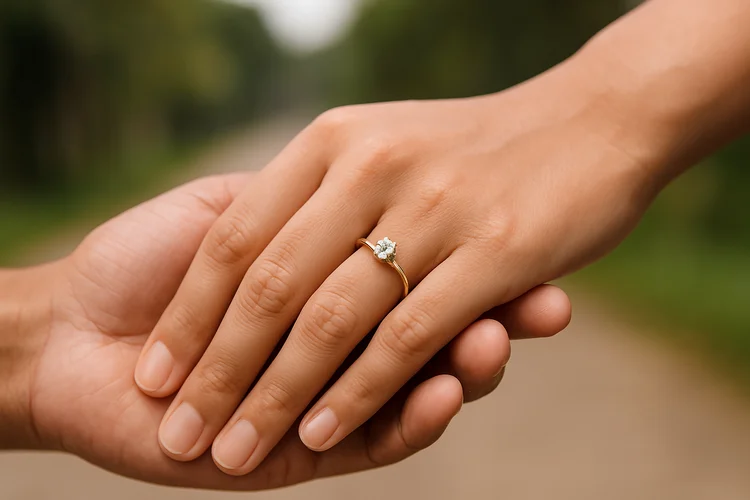 Engaged Asian couple holding hands outdoors to highlight importance of premarital health screening.