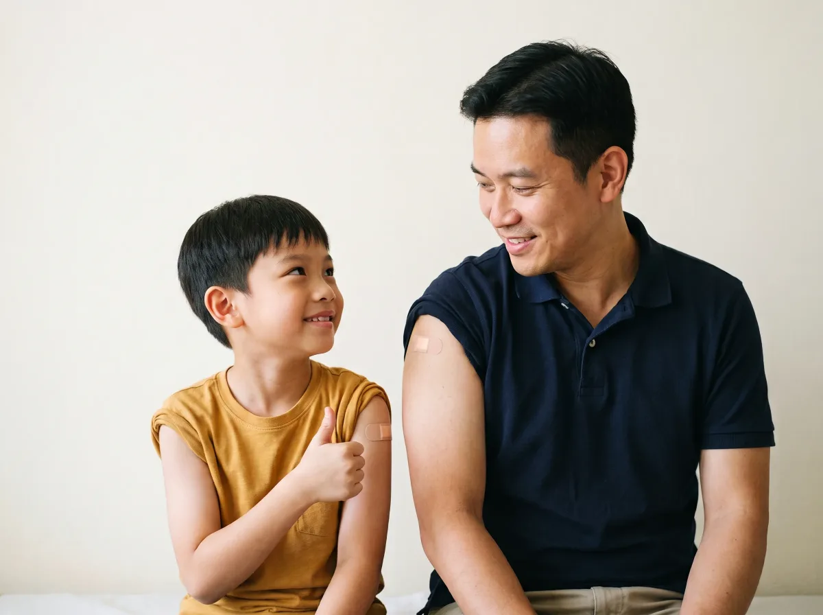Boy in a mustard T-shirt gives a thumbs up beside his father, both with plasters