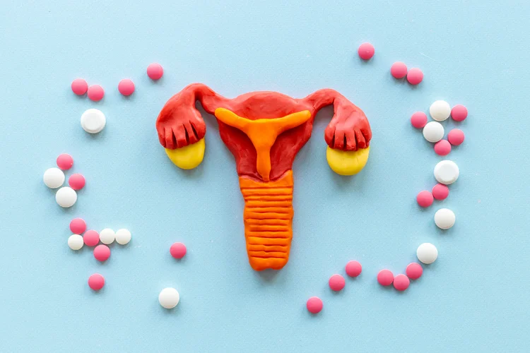 Female reproductive system surrounded by hormonal pills to show how oral contraceptives work.
