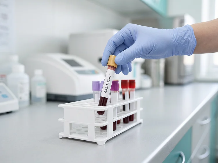 Gloved hand placing a GASTROClear stomach cancer blood test tube in a lab rack.