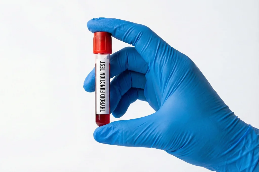 Medical professional's gloved hand holding labelled blood sample tube for thyroid function test.