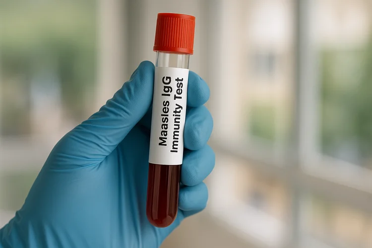 Gloved hand holding Measles IgG immunity test blood sample in general practitioner (GP) clinic.