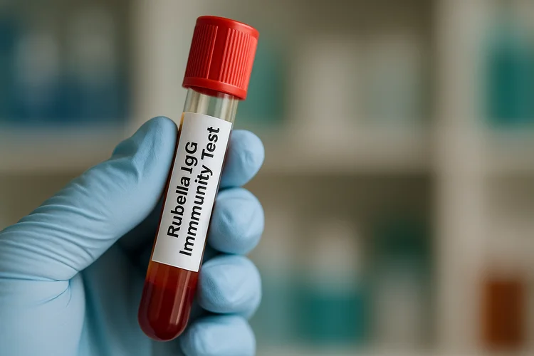 Gloved hand holding Rubella IgG immunity test blood sample in a general practitioner (GP) clinic.