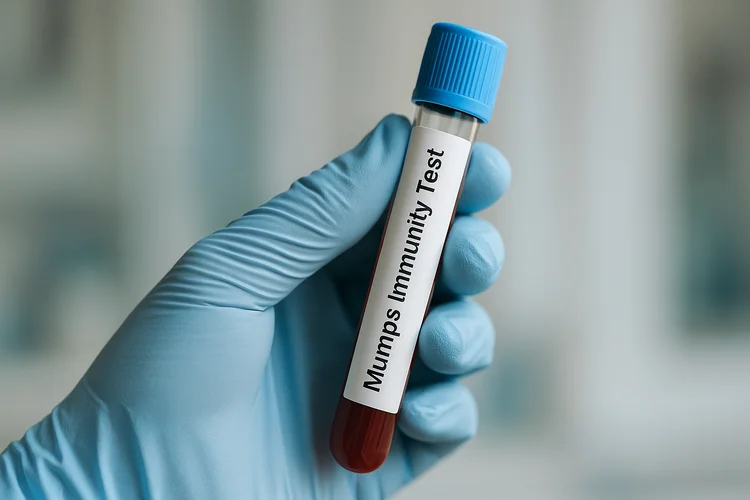 Gloved hand holding sample for Mumps immunity blood test in a general practitioner (GP) clinic.