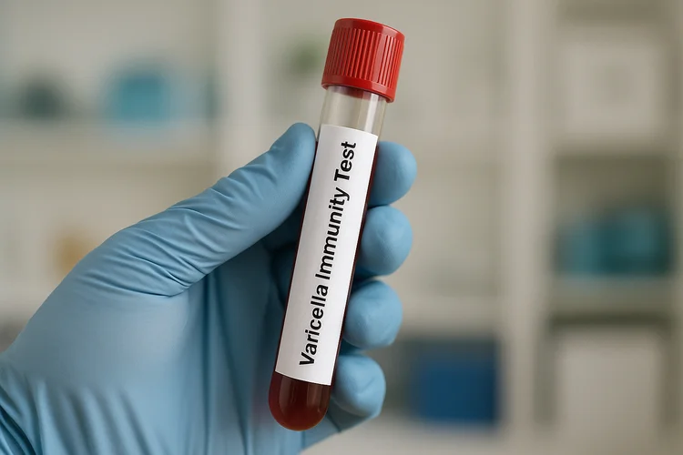 Gloved hand holding Varicella immunity test blood sample in a general practitioner (GP) clinic.